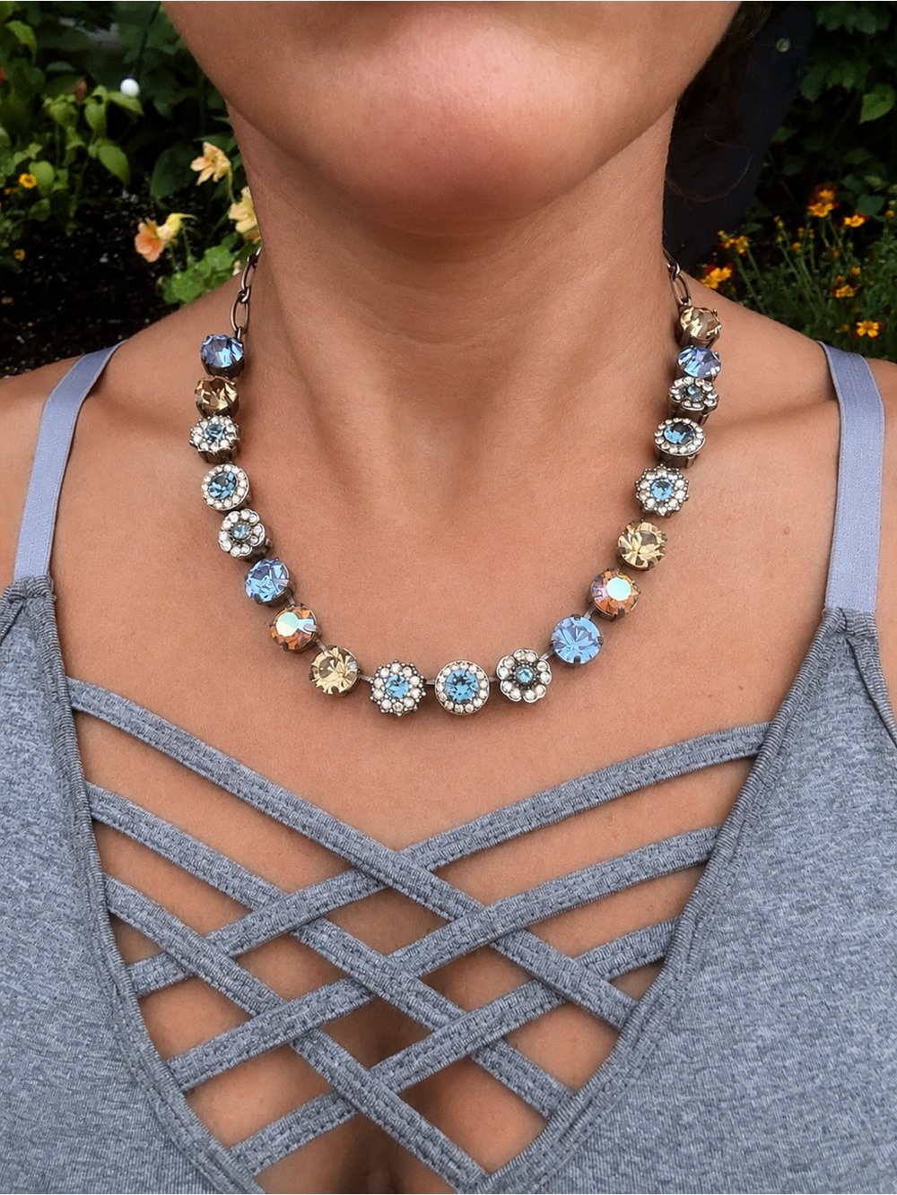 Mariana Swarvoski Crystal Blue Champagne Aurora Borealis Floral Necklace - Picture 4 of 11